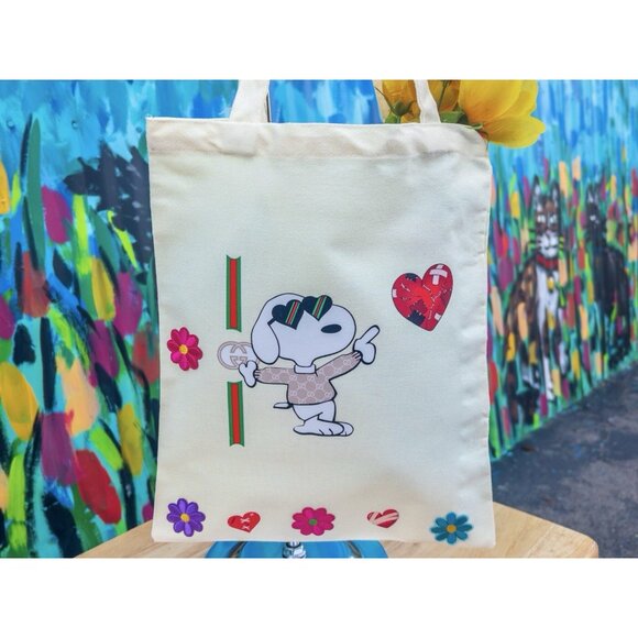 SNOOPY Wounded Heart Canvas Tote Bag - Handmade With Custom Embroidery - Picture 1 of 6